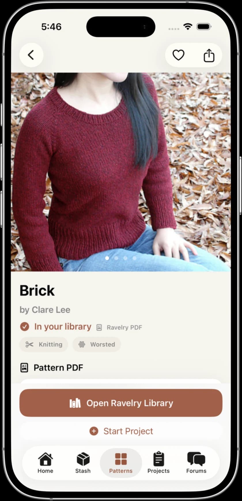 Brick knitting pattern by Clare Lee in Stashora, with Ravelry library access and a Start Project button